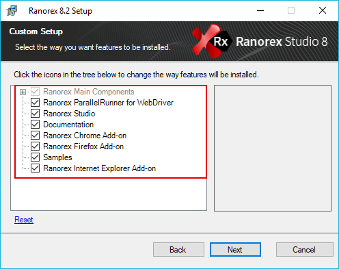 Ranorex setup wizard – feature selection