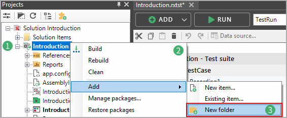 Creating a new folder in the project file view