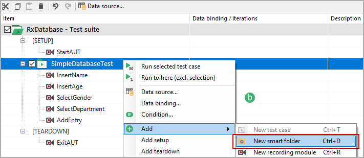 Adding test suite items using the context menu