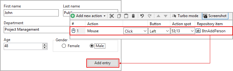 Mouse click action on Add entry button