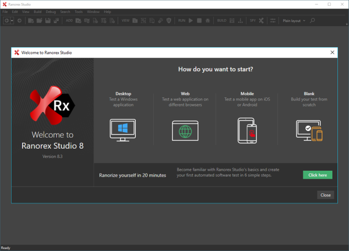 Ranorex Studio start page - trial version