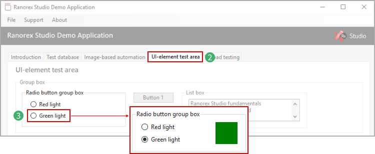 Clicking a radio button in the demo application